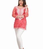 Pink Embroidered Faux Georgette Chikankari Kurti 