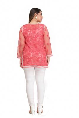 Pink Embroidered Faux Georgette Chikankari Kurti  2