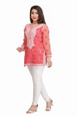 Pink Embroidered Faux Georgette Chikankari Kurti  3