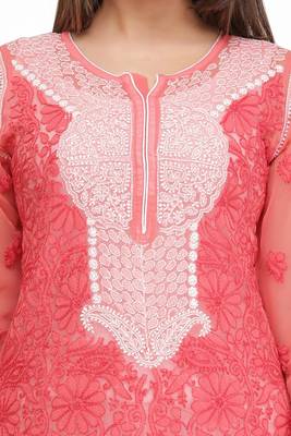 Pink Embroidered Faux Georgette Chikankari Kurti  4