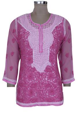 Onion Pink Embroidered Faux Georgette Chikankari Kurti  1