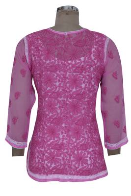 Onion Pink Embroidered Faux Georgette Chikankari Kurti  2