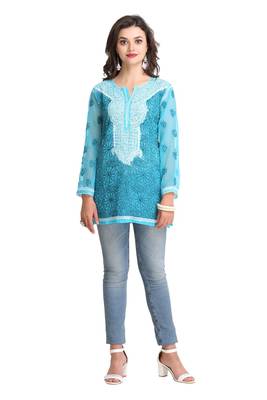 Blue Embroidered Faux Georgette Chikankari Kurti  1