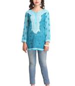 Blue Embroidered Faux Georgette Chikankari Kurti 