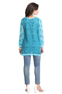 Blue Embroidered Faux Georgette Chikankari Kurti  2
