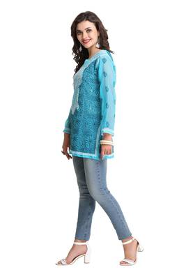 Blue Embroidered Faux Georgette Chikankari Kurti  3