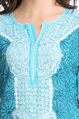 Blue Embroidered Faux Georgette Chikankari Kurti  4