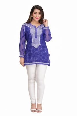 Blue Embroidered Faux Georgette Chikankari Kurti 2