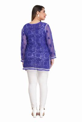 Blue Embroidered Faux Georgette Chikankari Kurti 3