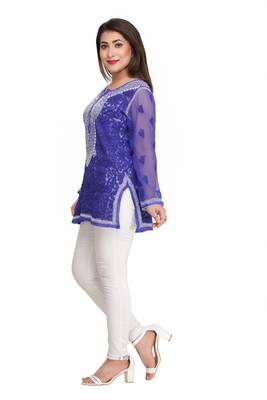 Blue Embroidered Faux Georgette Chikankari Kurti 4