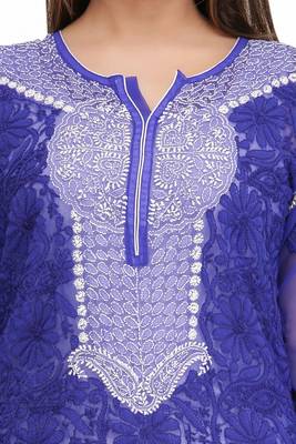 Blue Embroidered Faux Georgette Chikankari Kurti 5