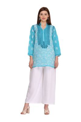 Ada Hand Embroidered Blue Cotton Lucknow Chikan Kurti 1