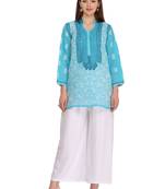 Ada Hand Embroidered Blue Cotton Lucknow Chikan Kurti