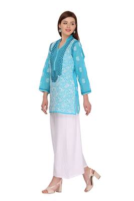 Ada Hand Embroidered Blue Cotton Lucknow Chikan Kurti 3
