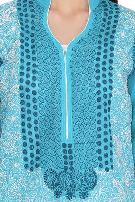 Ada Hand Embroidered Blue Cotton Lucknow Chikan Kurti 4