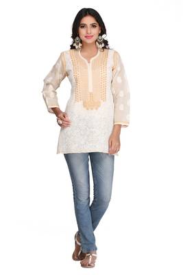Fawn Embroidered Cotton Chikankari Short Kurti  1