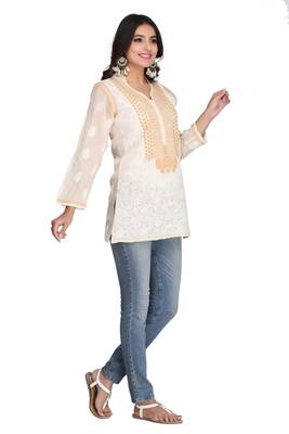 Fawn Embroidered Cotton Chikankari Short Kurti  3