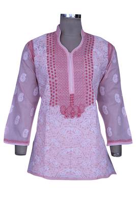 Pink Embroidered Cotton Chikankari Short Kurti  1