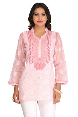 Peach Embroidered Cotton Chikankari Short Kurti  2
