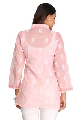 Peach Embroidered Cotton Chikankari Short Kurti  3
