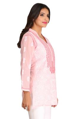 Peach Embroidered Cotton Chikankari Short Kurti  4