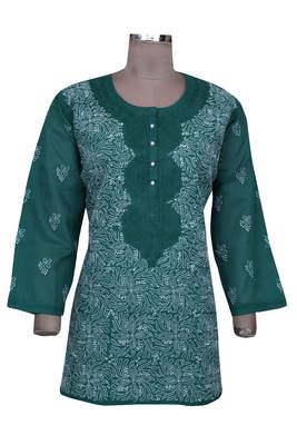Green Embroidered Cotton Chikankari Short Kurti  1