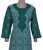 Green Embroidered Cotton Chikankari Short Kurti 