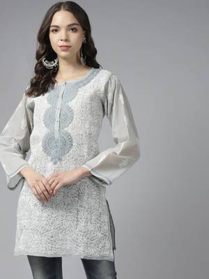 Hand Embroidered Grey Cotton Lucknowi Chikan Women Kurti 1