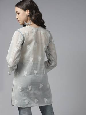 Hand Embroidered Grey Cotton Lucknowi Chikan Women Kurti 2