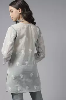 Hand Embroidered Grey Cotton Lucknowi Chikan Women Kurti