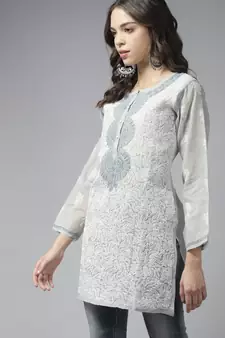 Hand Embroidered Grey Cotton Lucknowi Chikan Women Kurti