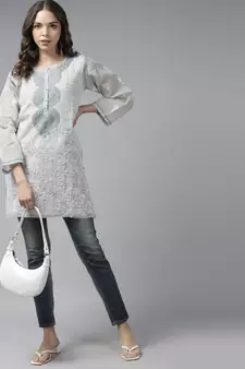 Hand Embroidered Grey Cotton Lucknowi Chikan Women Kurti