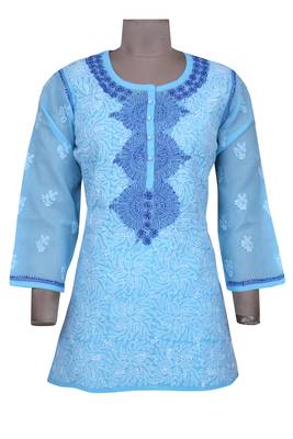 Blue Embroidered Cotton Chikankari Short Kurti 1