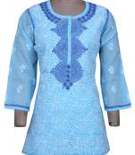 Blue Embroidered Cotton Chikankari Short Kurti