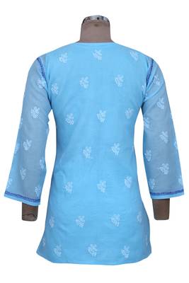 Blue Embroidered Cotton Chikankari Short Kurti 2