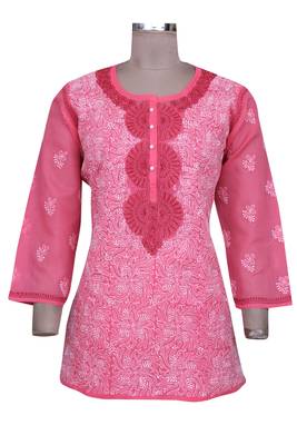 Pink Embroidered Cotton Chikankari Short Kurti  1