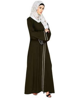 Modest Forever  Olive Plain Nida Stitched Islamic Abaya 2