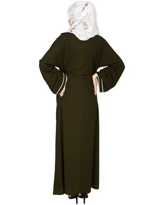 Modest Forever  Olive Plain Nida Stitched Islamic Abaya 4
