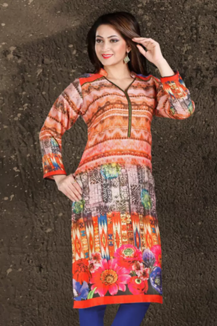 Multi Colour Pashmina Kurti Comprising Print Work