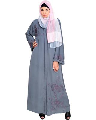 Modest Forever  Grey Embroidered Satin Stitched Islamic Abaya 1
