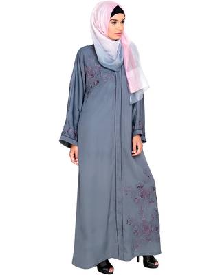 Modest Forever  Grey Embroidered Satin Stitched Islamic Abaya 2