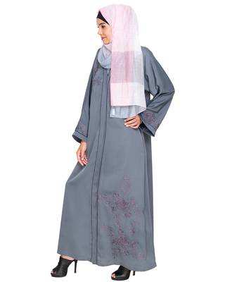 Modest Forever  Grey Embroidered Satin Stitched Islamic Abaya 3