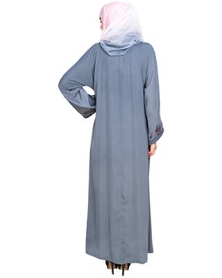 Modest Forever  Grey Embroidered Satin Stitched Islamic Abaya 4