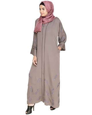 Modest Forever  Light Brown Embroidered Satin Stitched Islamic Abaya 3