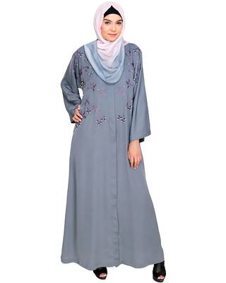 Modest Forever  Grey Embroidered Satin Stitched Islamic Abaya 1