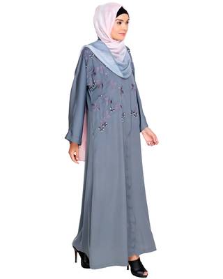 Modest Forever  Grey Embroidered Satin Stitched Islamic Abaya 2