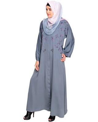 Modest Forever  Grey Embroidered Satin Stitched Islamic Abaya 3