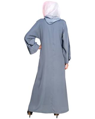 Modest Forever  Grey Embroidered Satin Stitched Islamic Abaya 4