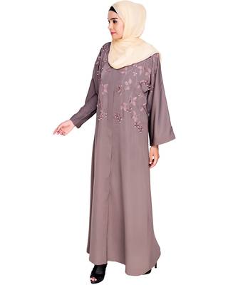 Modest Forever  Mud Brown Embroidered Satin Stitched Islamic Abaya 3