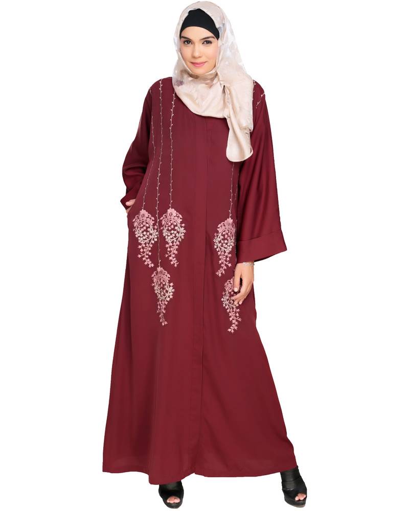 Modest Forever  Deep Wine Embroidered Satin Stitched Islamic Abaya